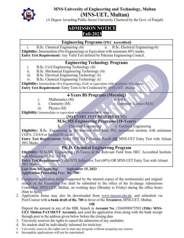 MNS UET Multan admission 2023 