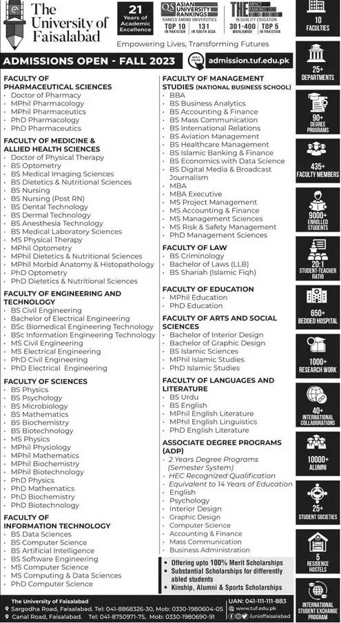 The University Of Faisalabad (TUF) admission 2023