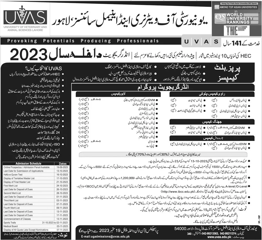 University Of Veterinary And Animal Sciences Lahore  Admission 2023 