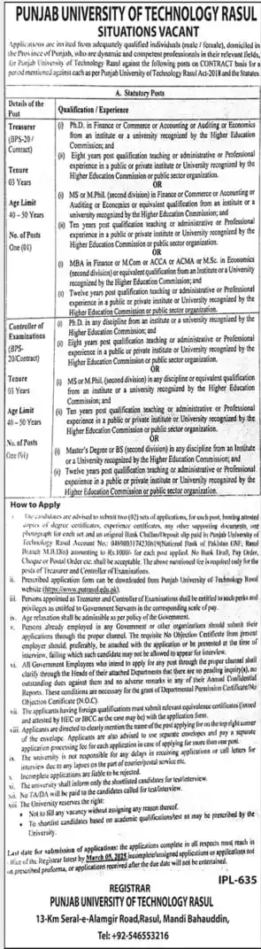 Punjab University of Technology (PUT) RASUL Jobs 2025 Advertisements