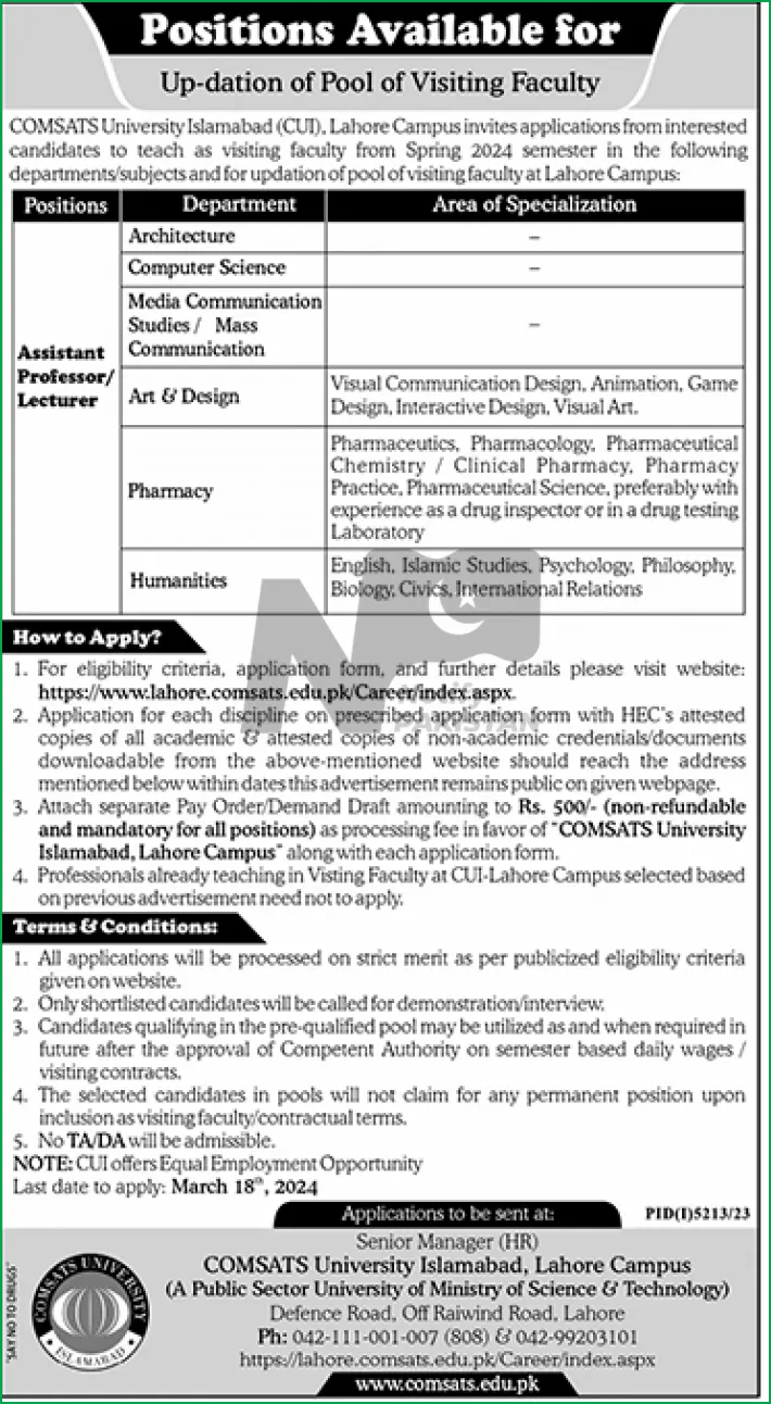 COMSATS University Islamabad Jobs 2024 Advertisement