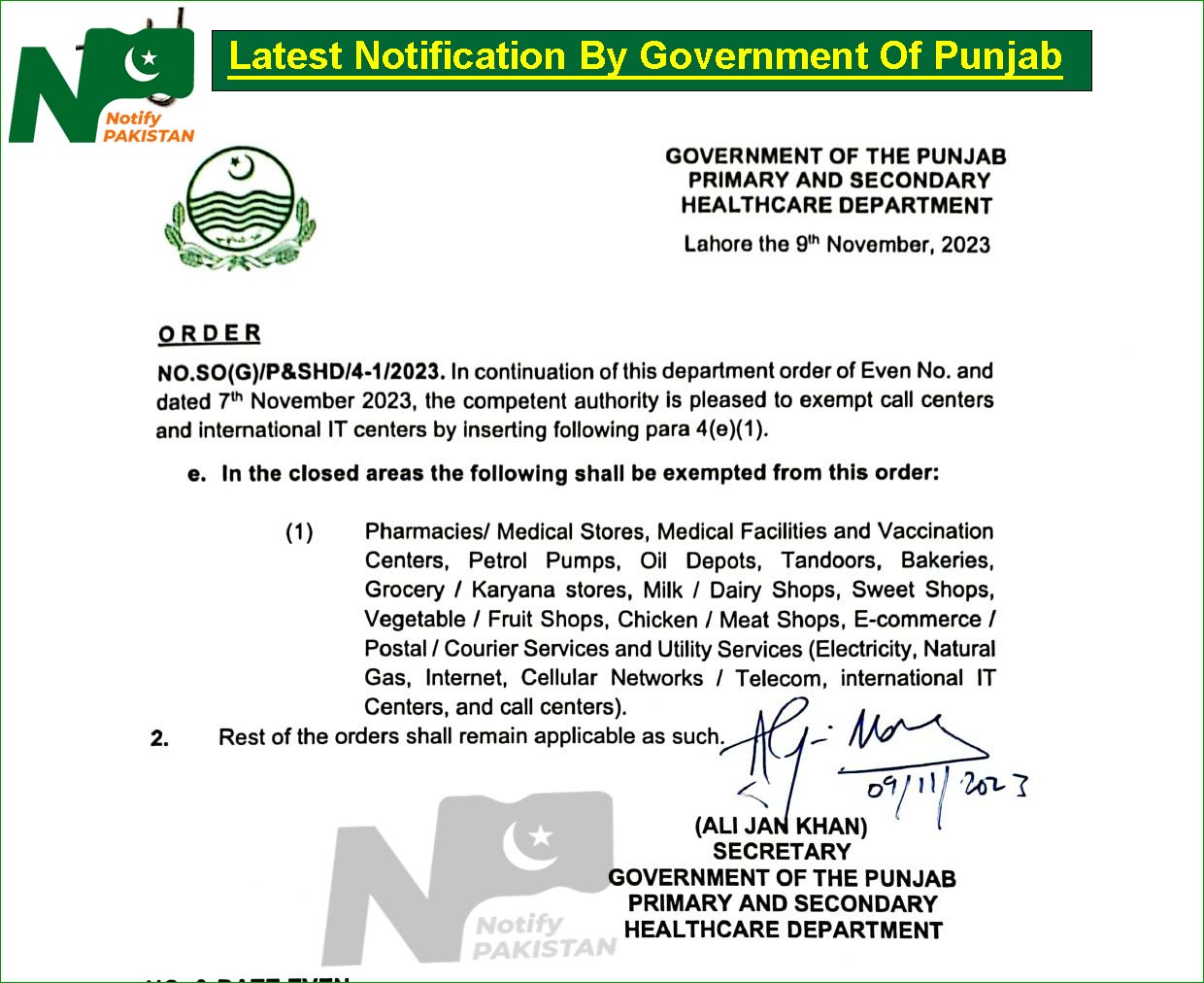 Exemption Granted to Businesses in 8 Punjab Districts on November 10th Public Holiday