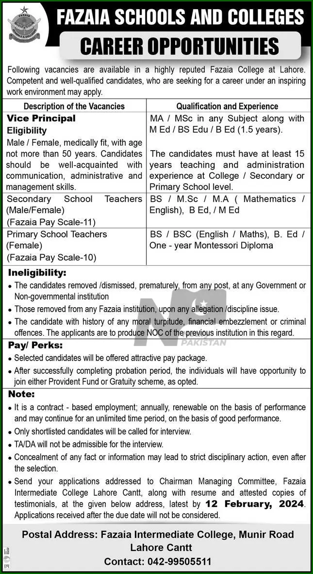 Fazaia Intermediate College Lahore Jobs 2024 Advertisements