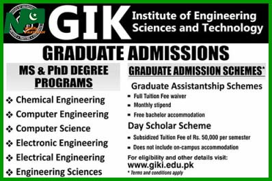 GIKI GRADUATE ASSISTANTSHIP And Scholarship FOR MS & PhD