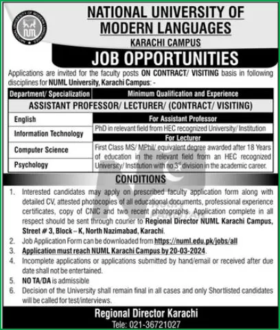 NUML Karachi Campus Jobs 2024 Advertisement