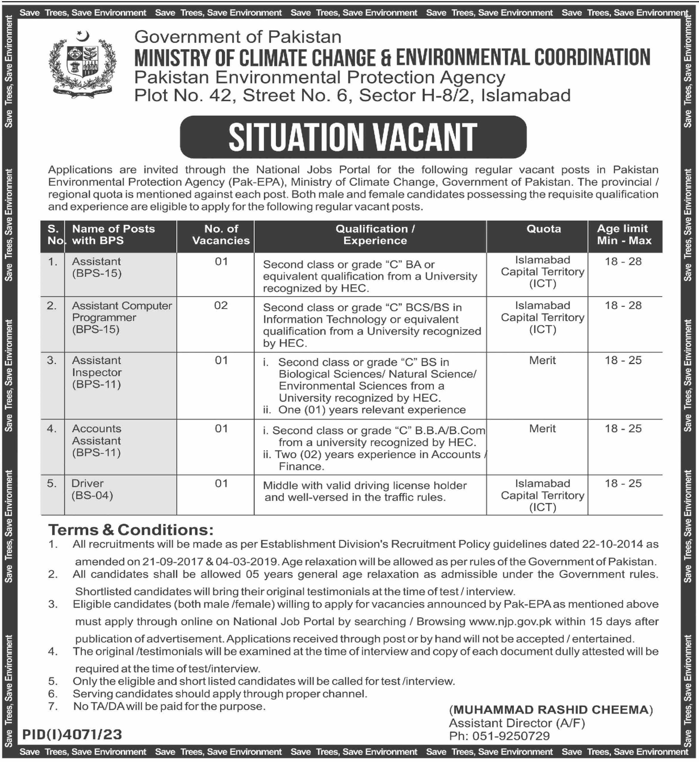 Pakistan Environmental Protection Agency PAK EPA Jobs 2024 Advertisement