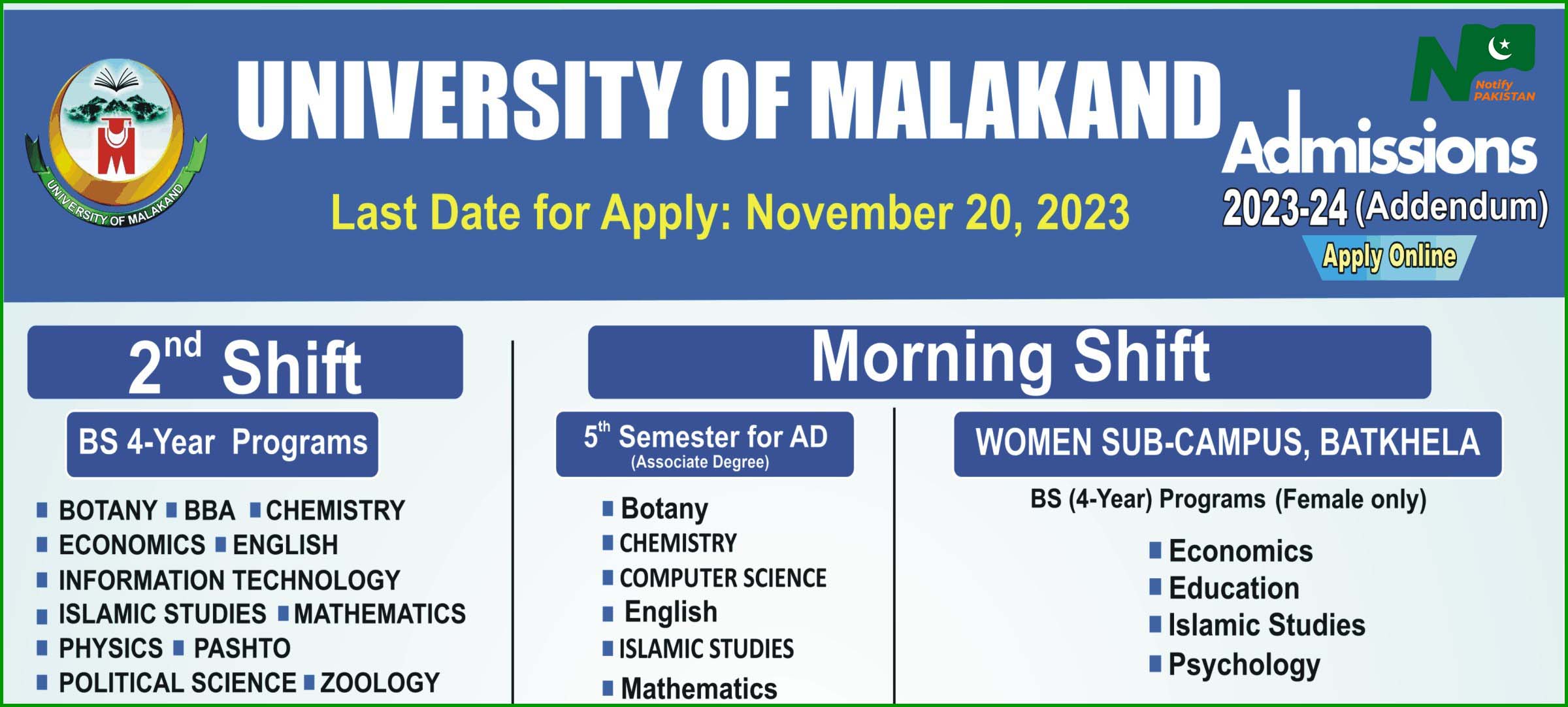 University Of Malakand (UOM) Admission 2023-24