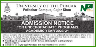 University Of Punjab PU Admission 2023-24 Pothohar Campus