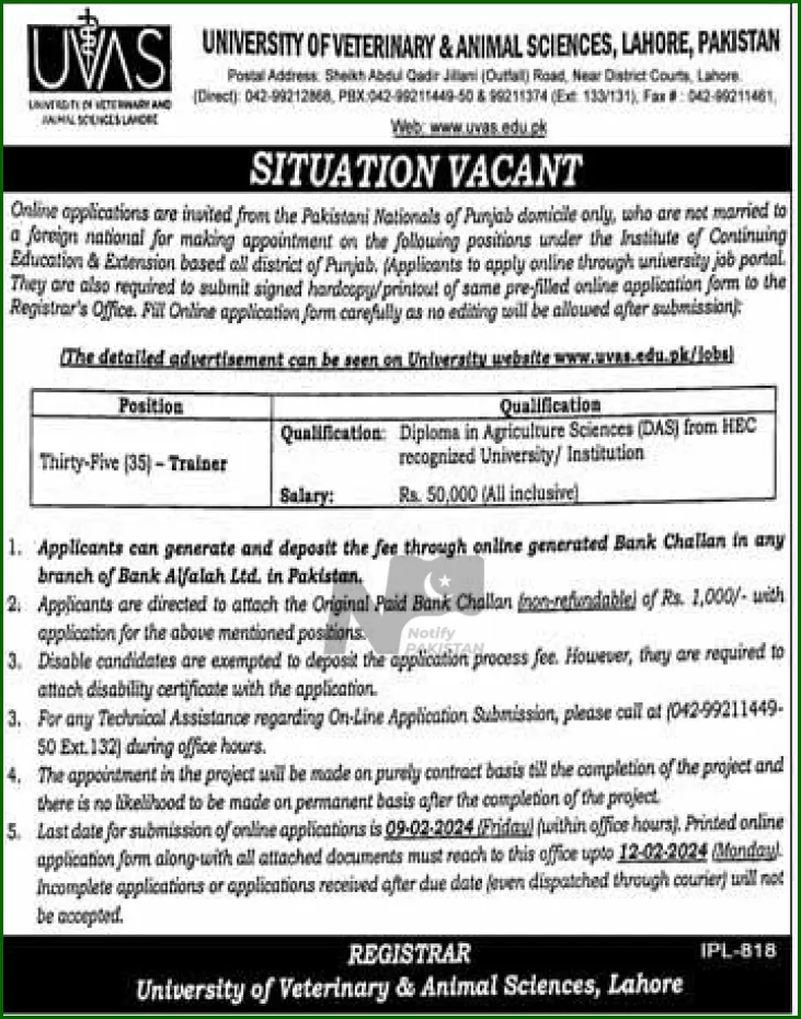 University Of Veterinary And Animal Sciences Lahore UVAS Jobs 2024 Advertisements