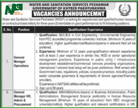 Water and Sanitation Services Peshawar WSSP Jobs 2023
