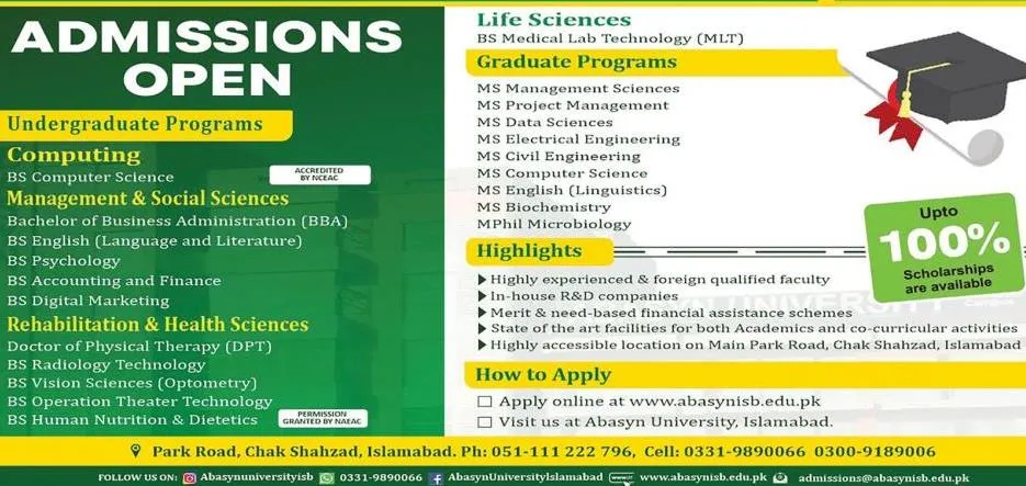 Abasyn University Islamabad Campus AUIC Admission Advertisement