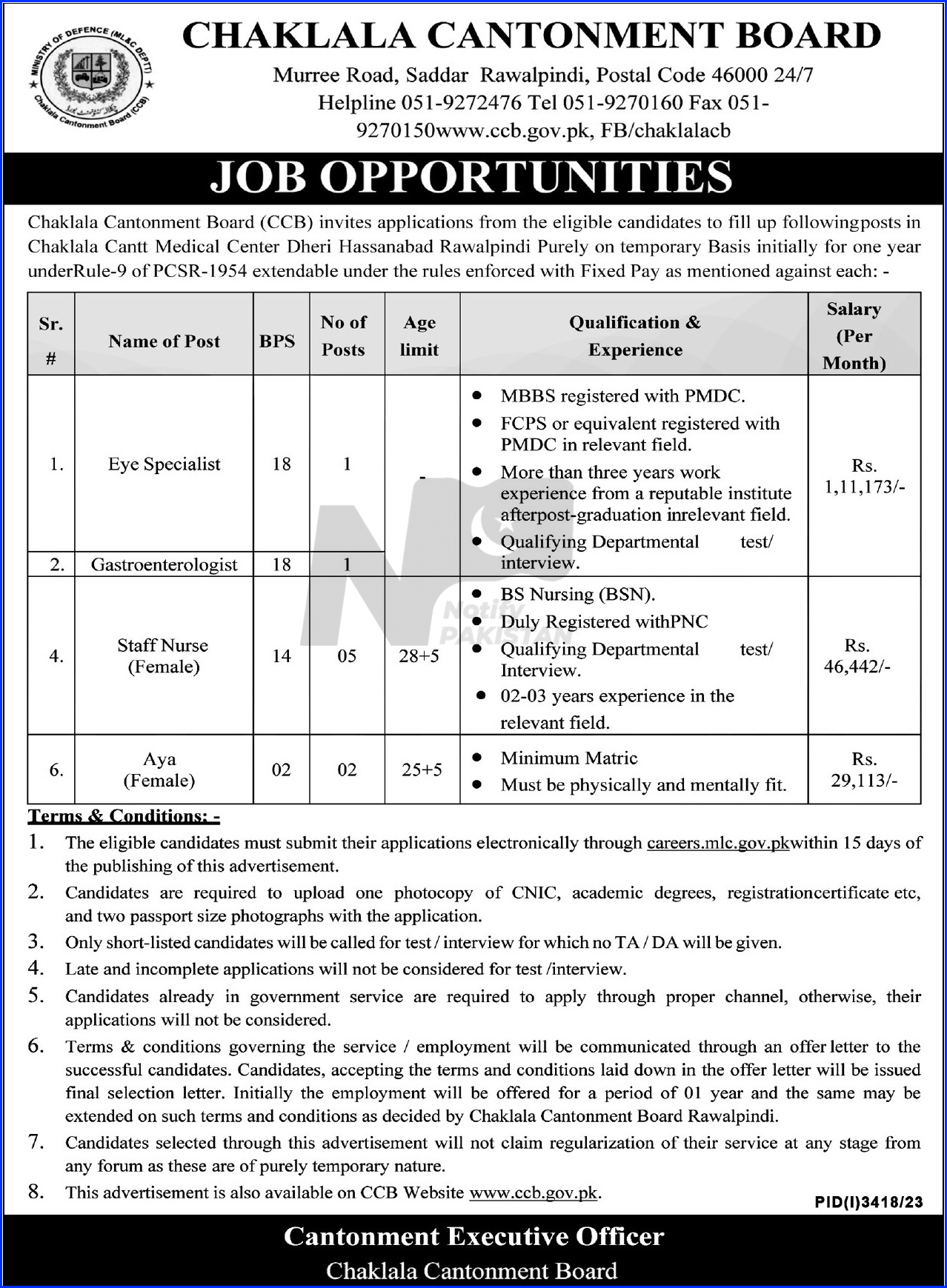 Chaklala Cantonment Board CCB Jobs 2024 Online Apply careers.mlc.gov