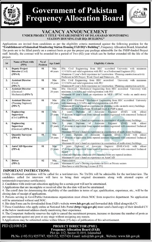 Frequency Allocation Board Islamabad FAB Jobs 2024's Advertisement