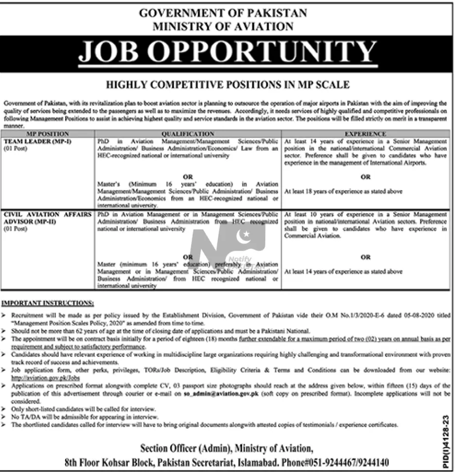 Government Of Pakistan Ministry of Aviation MOA Jobs 2024 Advertisement
