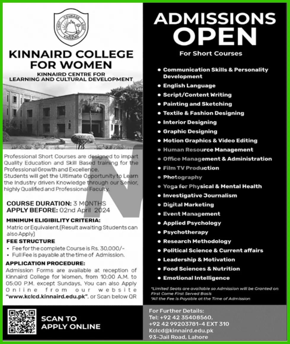 KINNAIRD Lahore Admissions 2024 Advertisement