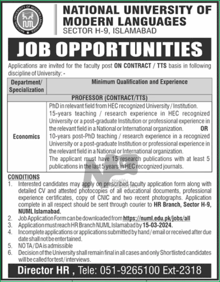 NUML Islamabad Jobs 2024 Advertisement