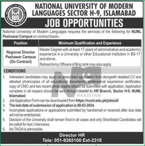 NUML Peshawar Campus Jobs 2024 Advertisements