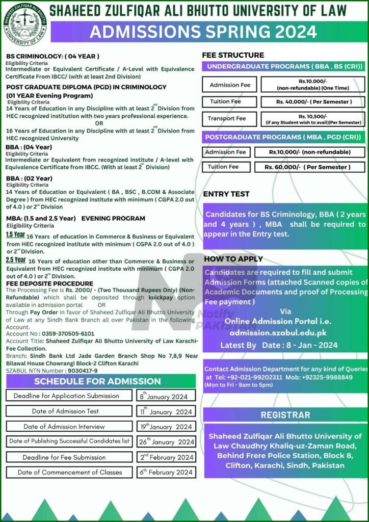 Shaheed Zulfiqar Ali Bhutto University of Law SZABUL Karachi Admissions