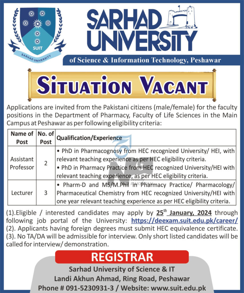 Sarhad University of Science & IT Peshawar SUIT Jobs 2024 Advertisement