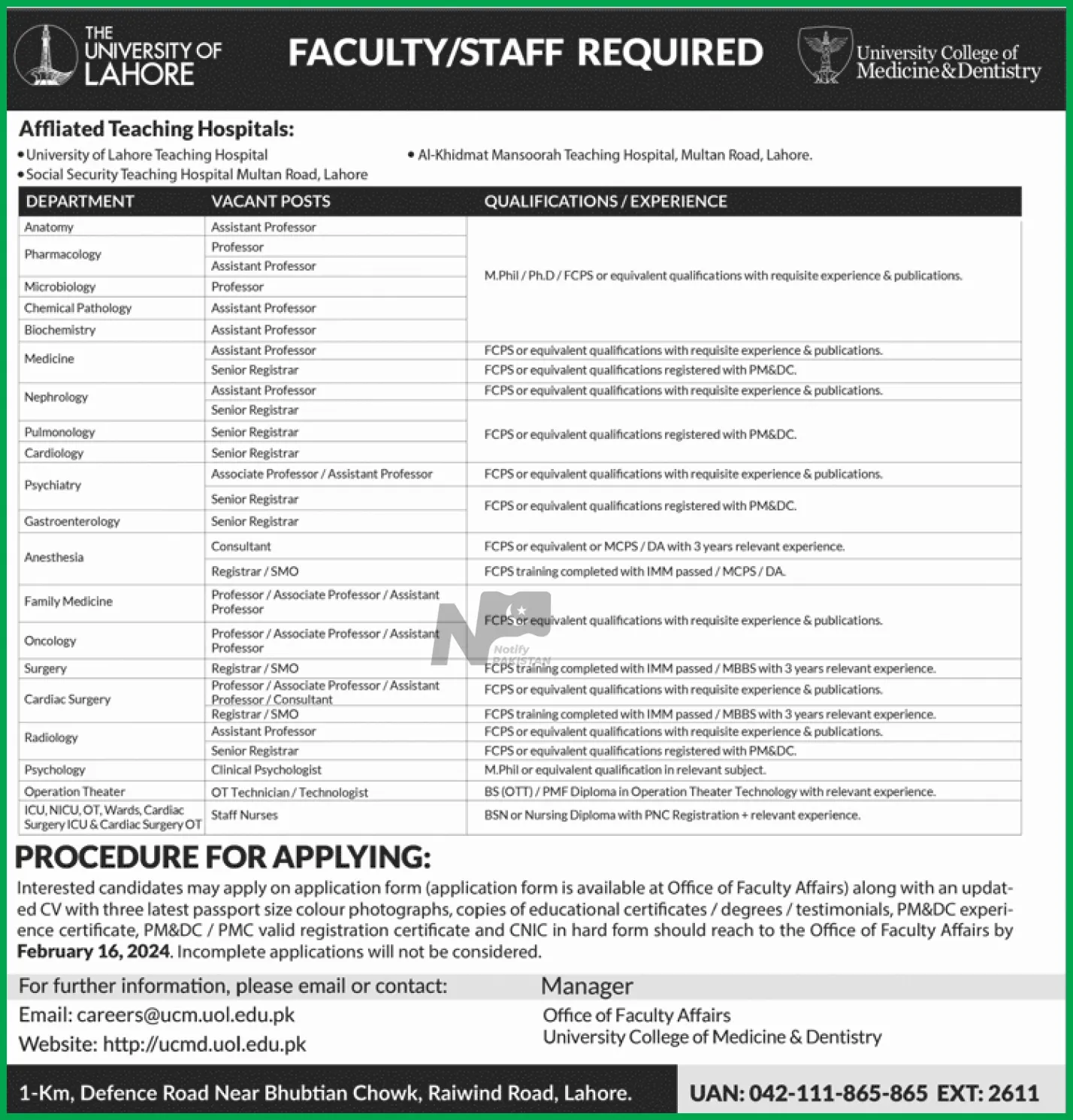 The University of Lahore UOL Jobs 2024 advertisement