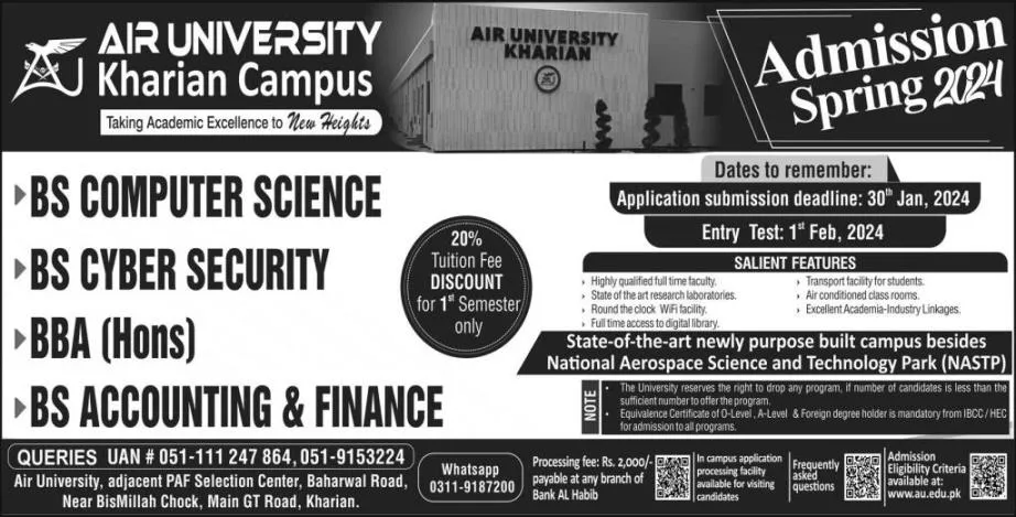 Air University AU Kharian Campus Admission 2024 Advertisement
