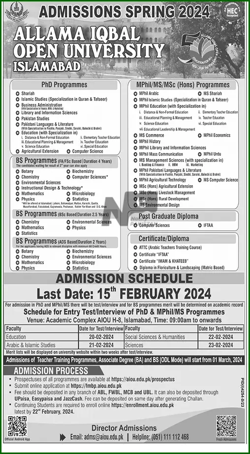 Allama Iqbal Open University AIOU Admissions 2024 Advertisement For  PhD Level