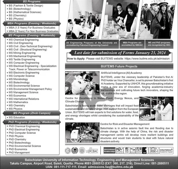 Balochistan University Of IT and Management Sciences BUITMS Admissions 2024 Advertisement