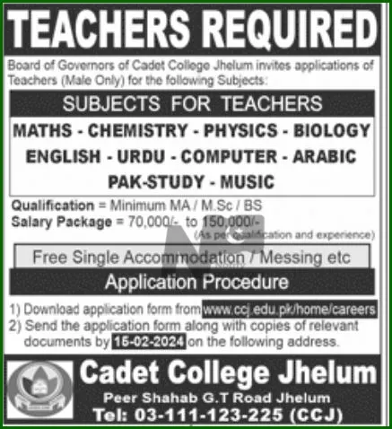 Cadet College Jhelum CCJ Jobs 2024 Advertisement