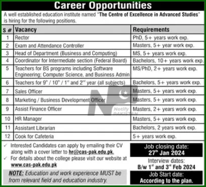 Centre of Excellence in Advanced Studies CAS Rawalpindi Jobs 2024 Advertisement