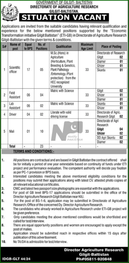 Directorate of Agriculture Research Gilgit Baltistan DAR GB Jobs 2024 Advertisement