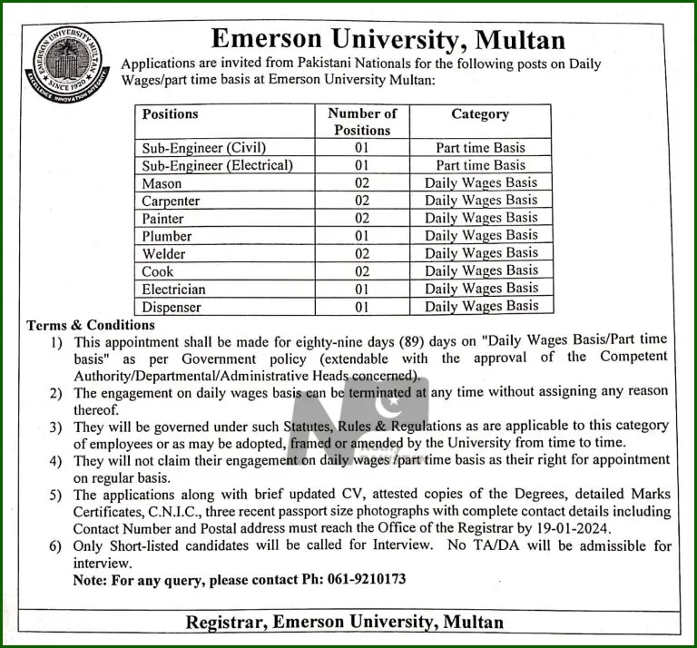 Emerson University Multan EUM Careers 2024 Advertisement