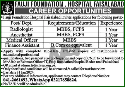 Fauji Foundation Hospital FFH Faisalabad Jobs 2024 Advertisement