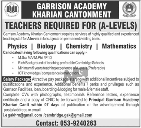 Garrison Academy Kharian Cantt Jobs 2024 Advertisement