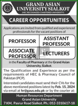 Grand Asian University Sialkot GAUS Jobs 2024 Advertisement