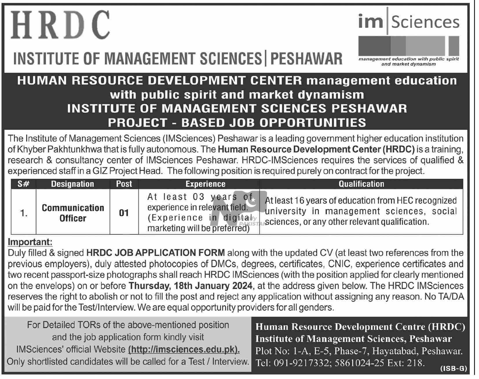Institute of Management Sciences IM Sciences Peshawar Jobs 2024 Advertisement # 1