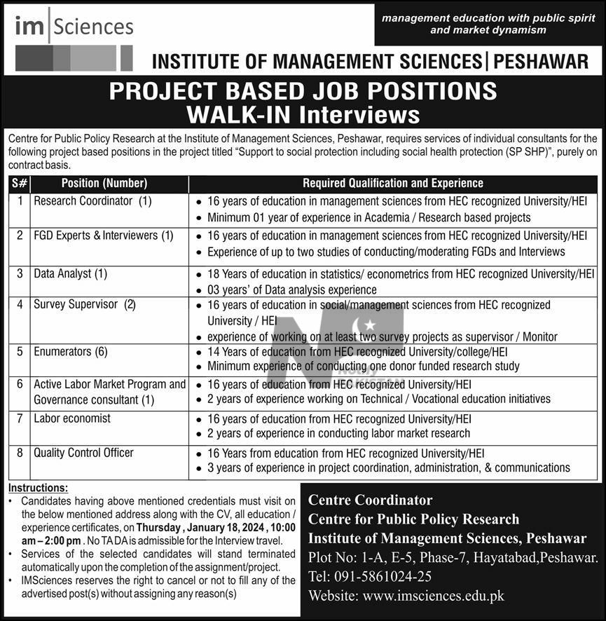 Institute of Management Sciences IM Sciences Peshawar Jobs 2024 Advertisement # 2