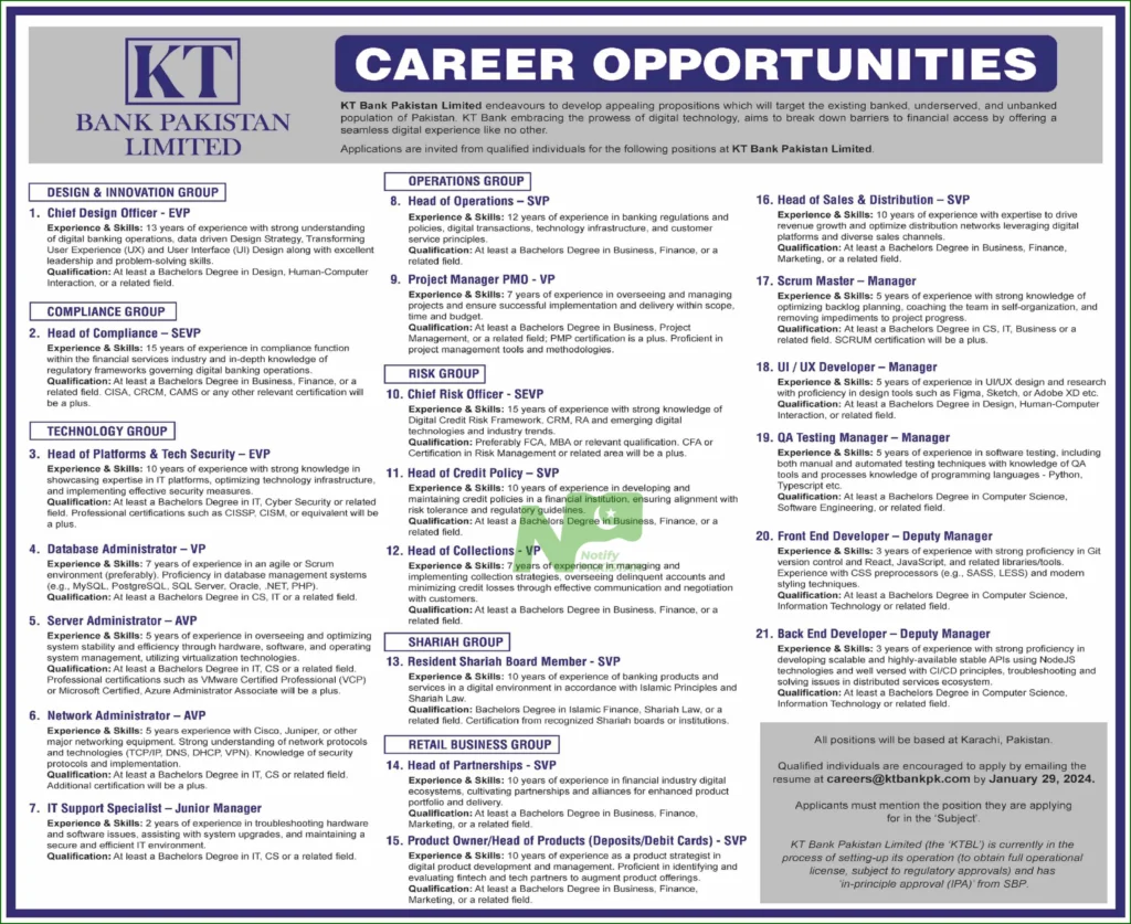 KT Bank Pakistan Limited Jobs Advertisement