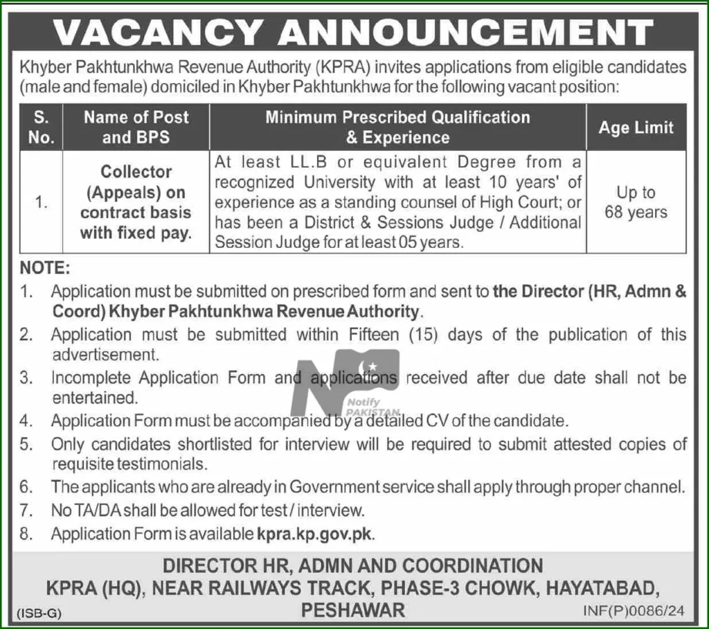 Khyber Pakhtunkhwa Revenue Authority KPRA Jobs 2024 Advertisement