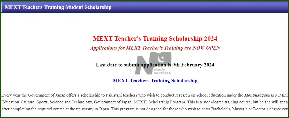 MEXT Teacher Training Scholarship Notification