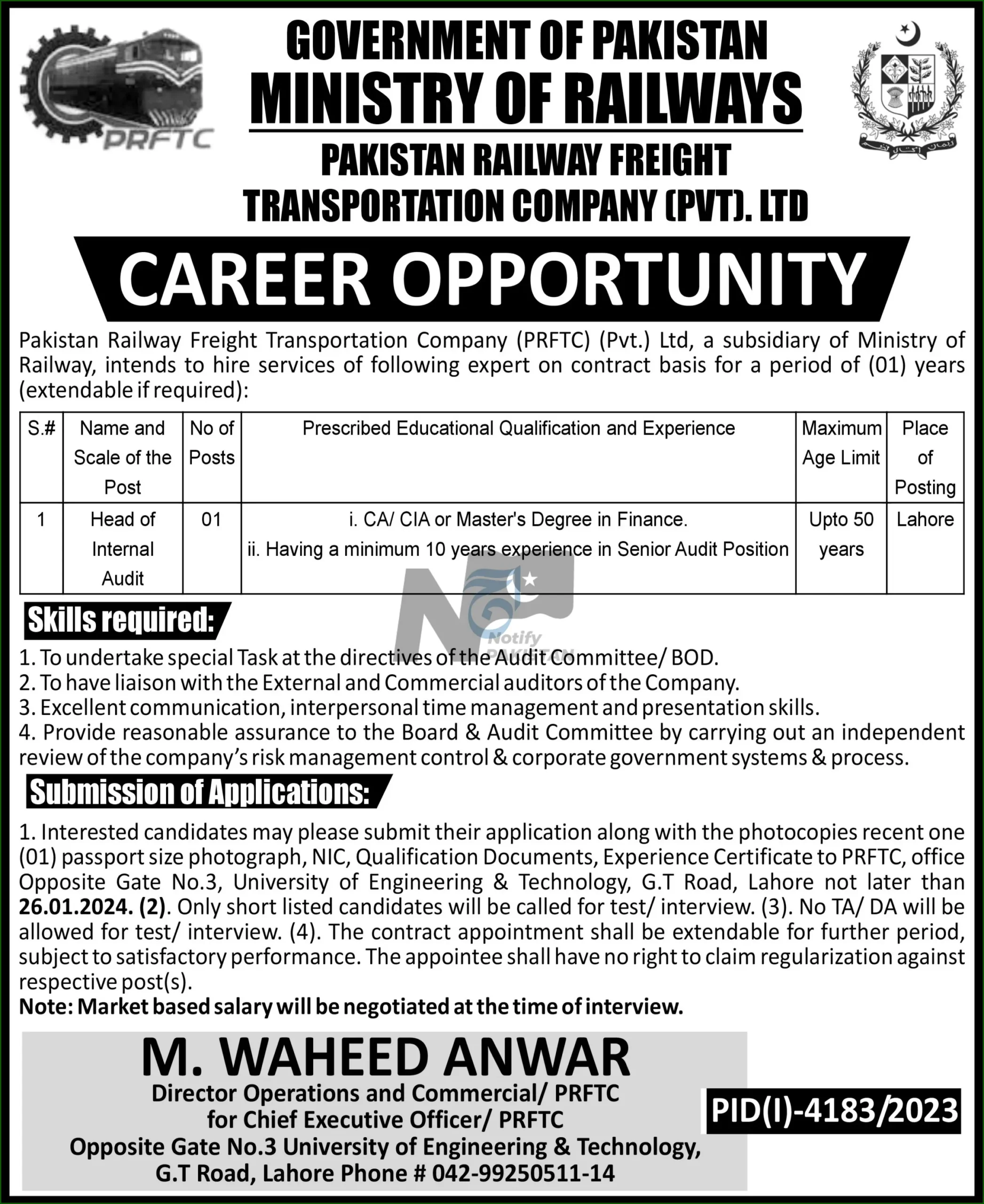 Ministry of Railways PRFTC Jobs 2024 Advertisement