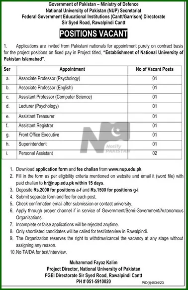 National University of Pakistan NUP Jobs 2024 Advertisement