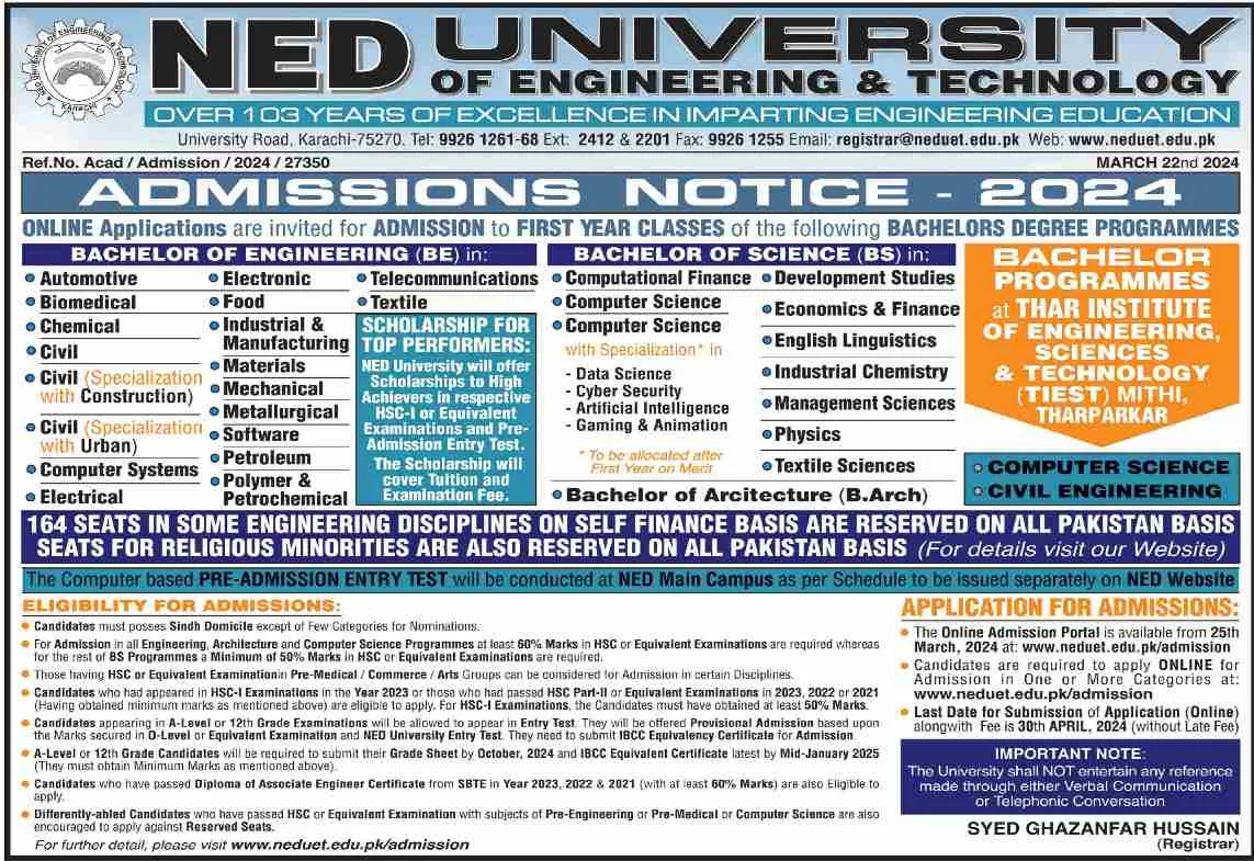 Ned University Of Engineering & Technology NEDUET Karachi Admissions 2024 Advertisement