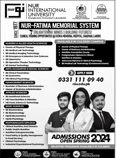 Nur International University NIU Lahore Admissions 2024 Advertisement