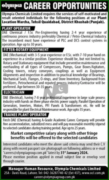 Olympia Chemicals Limited OCL Jobs 2024 Advertisement