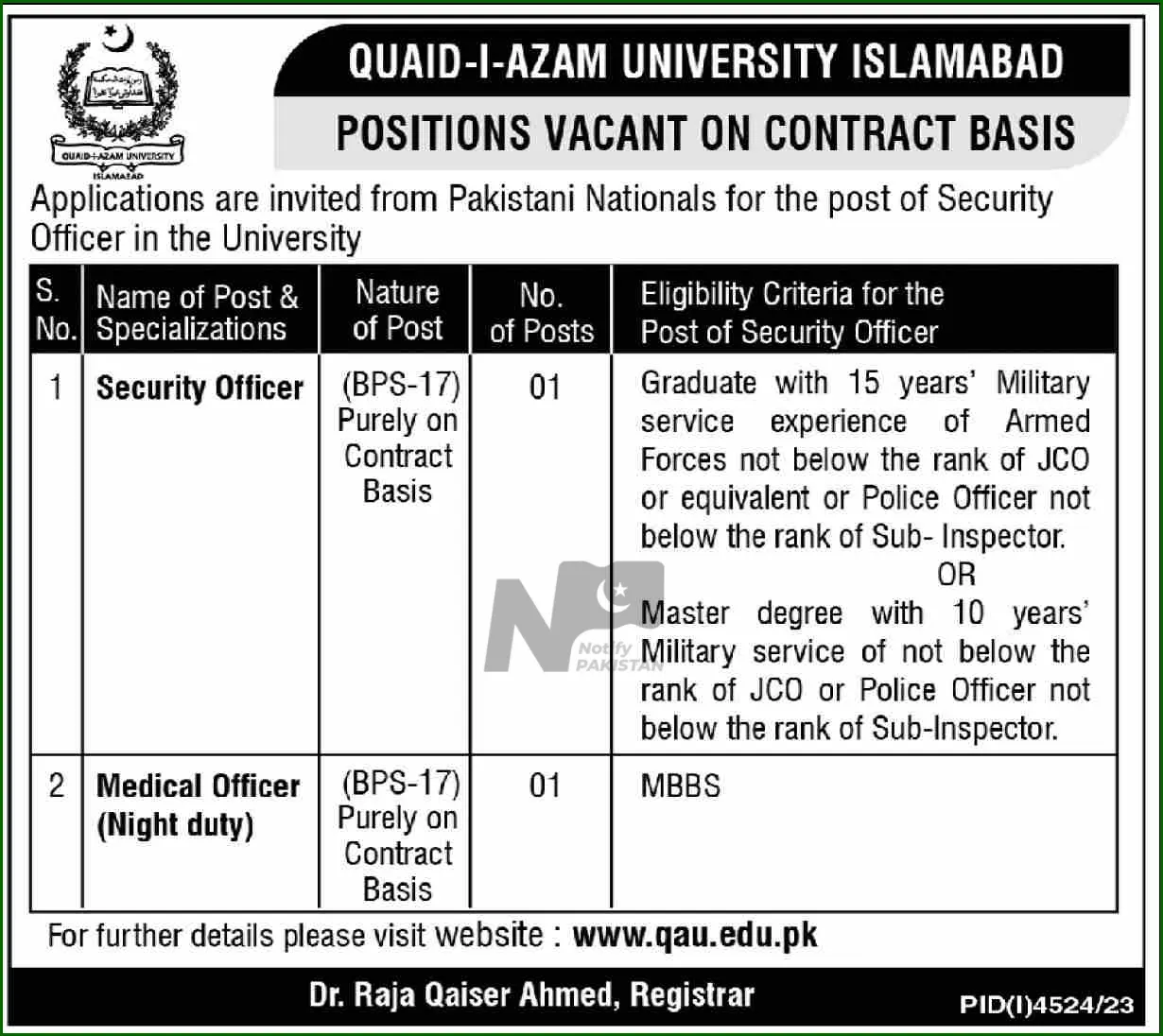 Quaid-i-Azam University QAU Islamabad Jobs Advertisement