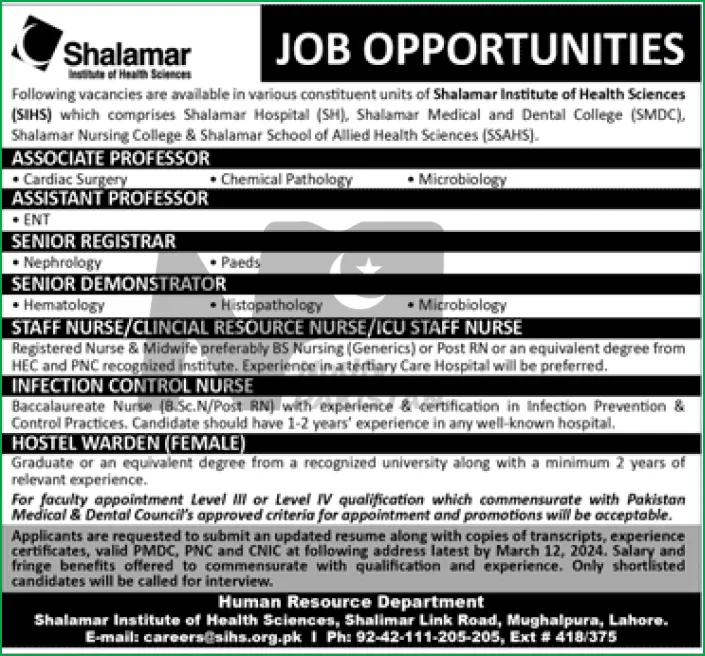 Shalamar Institute Of Health Sciences Lahore Jobs 2024 Advertisement