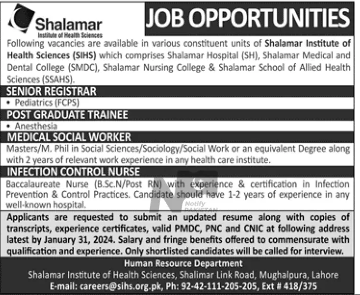 Shalamar Institute Of Health Sciences SIHS Jobs 2024 Advertisement