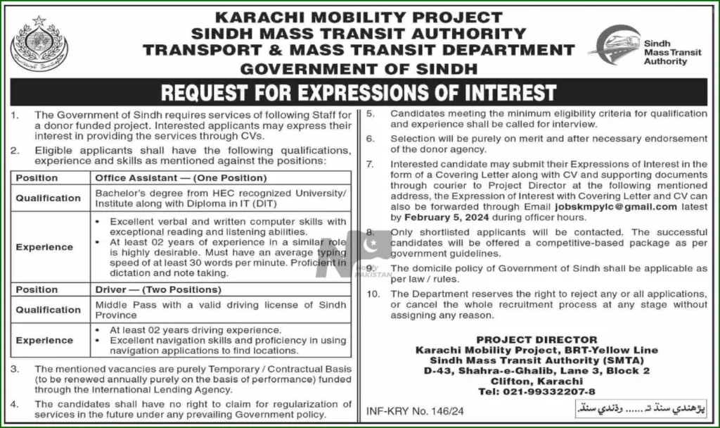 Sindh Mass Transit Authority SMTA Jobs 2024 Advertisement