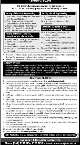 University Of Engineering and Technology UET Lahore Admissions 2024 Advertisement