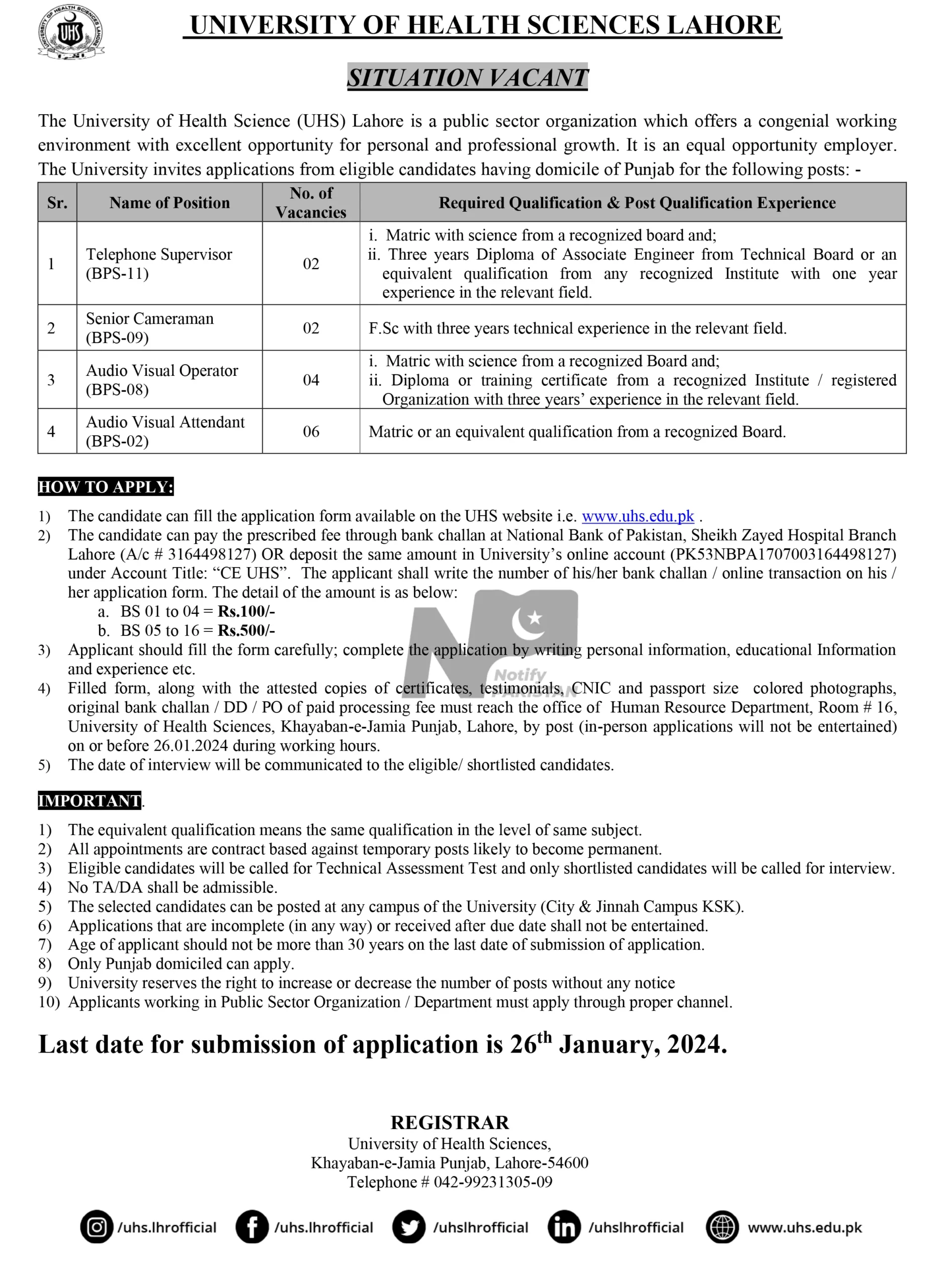 University Of Health Sciences Lahore UHS Jobs 2024 Advertisement # 1